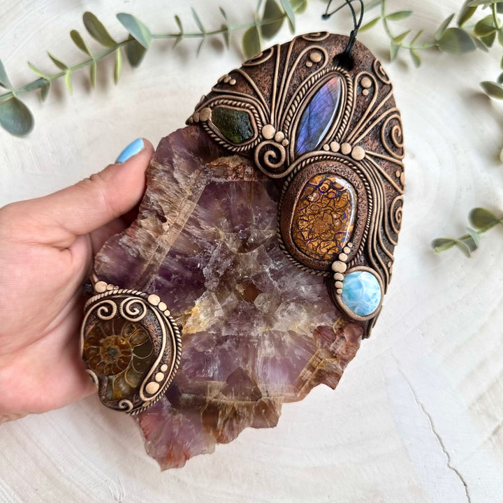 Handmade cosmic crystal wall decor with moldavite and opal