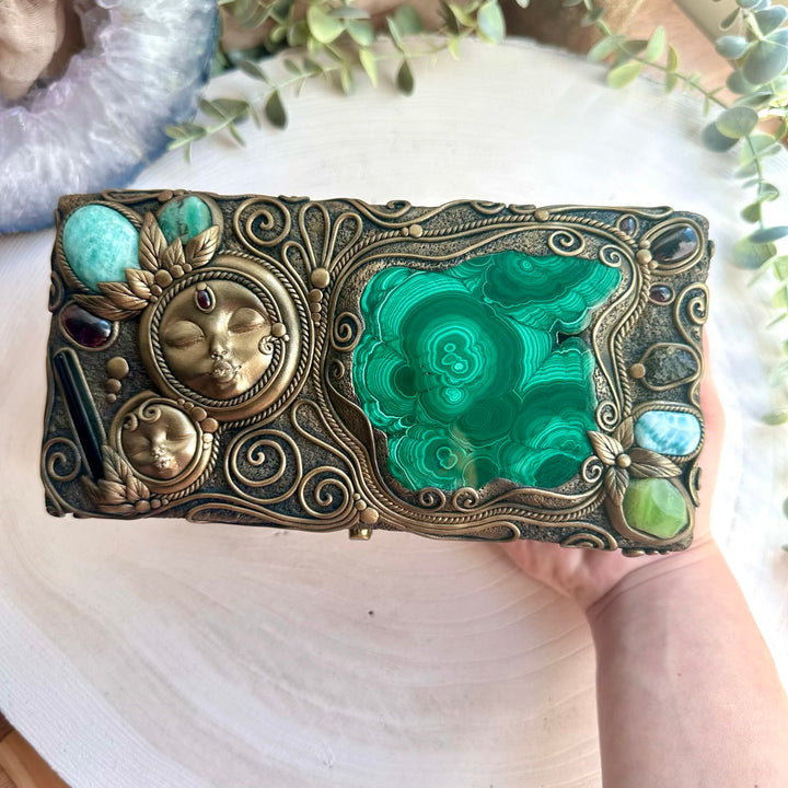 Artisan wooden box with emerald and larimar gemstones