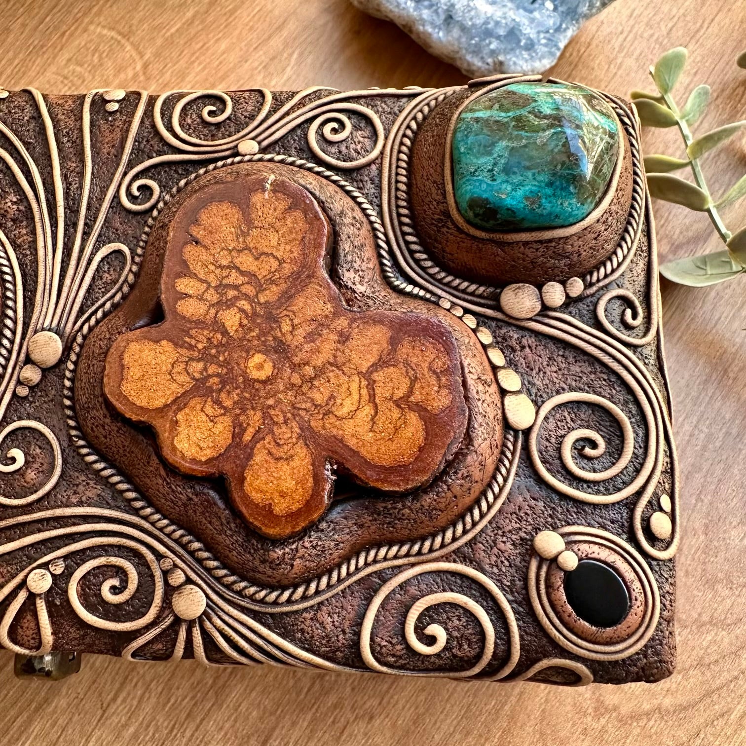 Mystical wooden box decorated with crystals for altar use