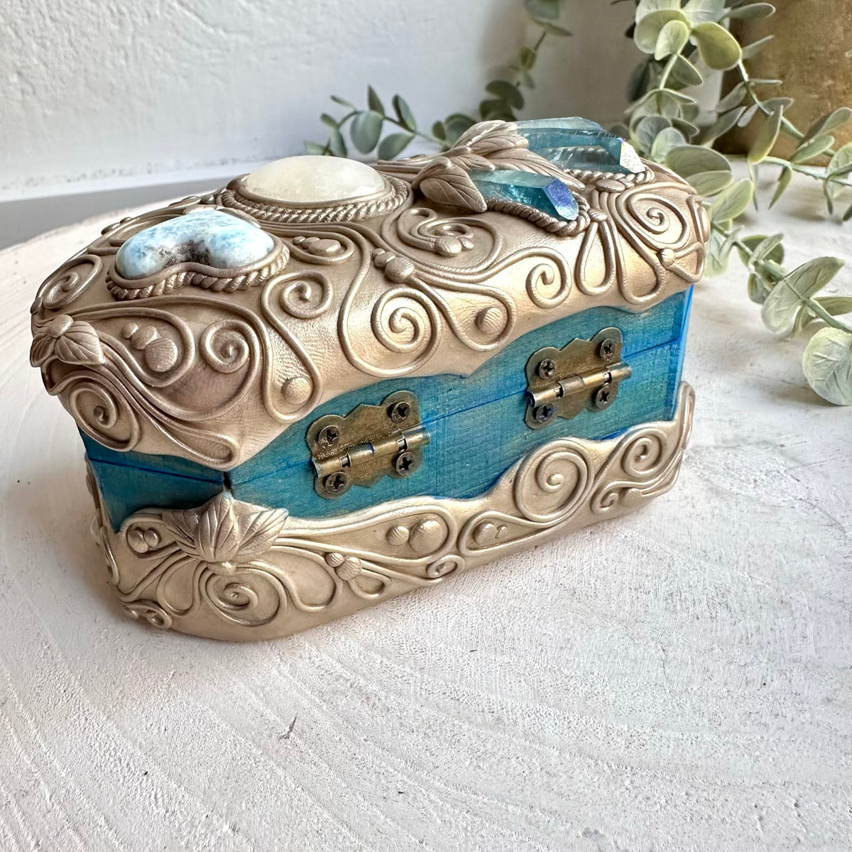 Handmade spiritual box decorated with a Larimar Heart, Rainbow Moonstone and luminous Ethiopian Opal.