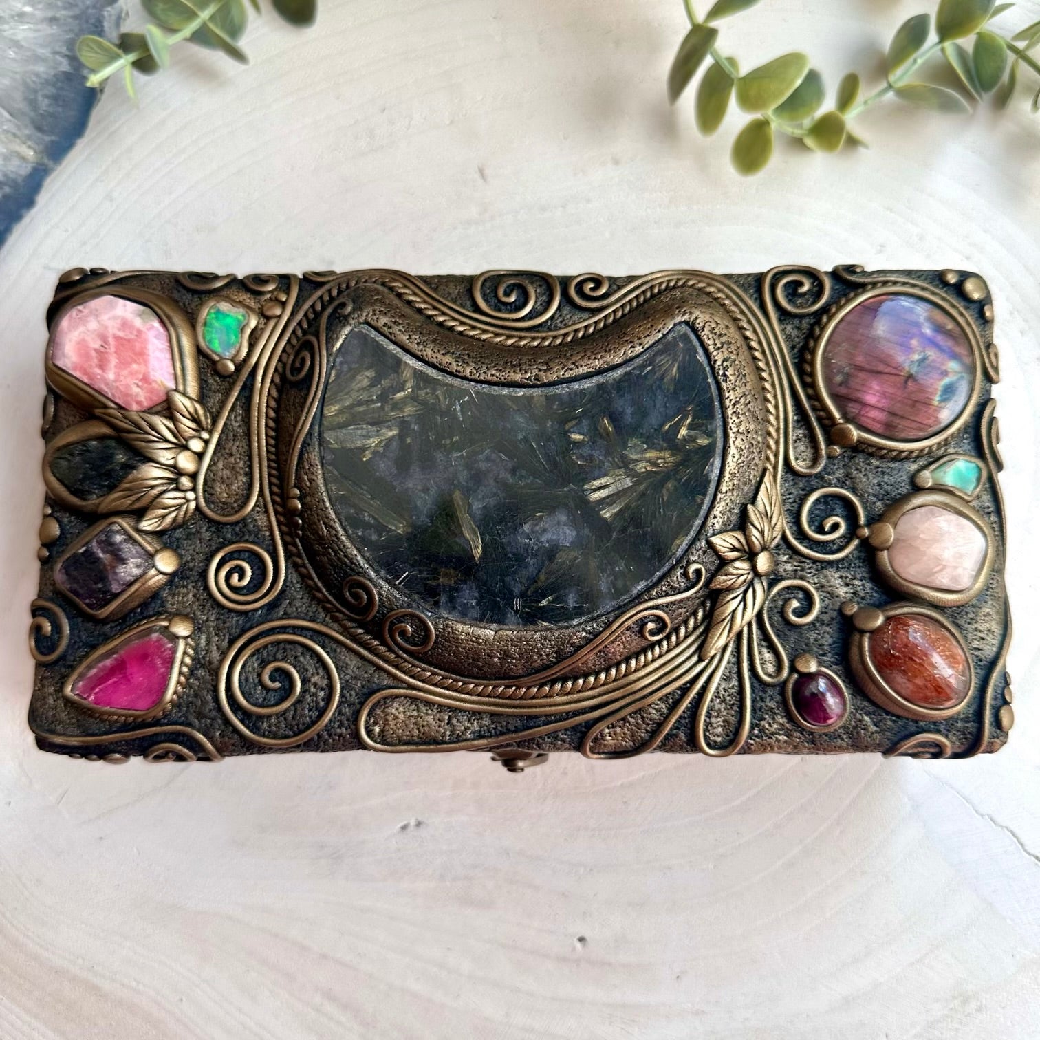 One of a kind crystal home decor box featuring astrophyllite moon and raw Ethiopian opal accents