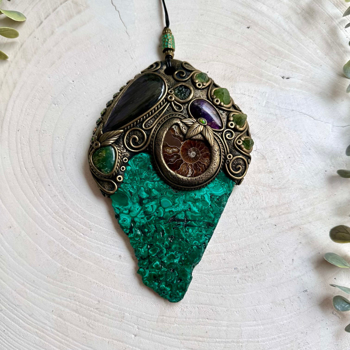 Artisan spiritual wall hanging combining Malachite with Labradorite, Ammonite and rare natural crystal accents.