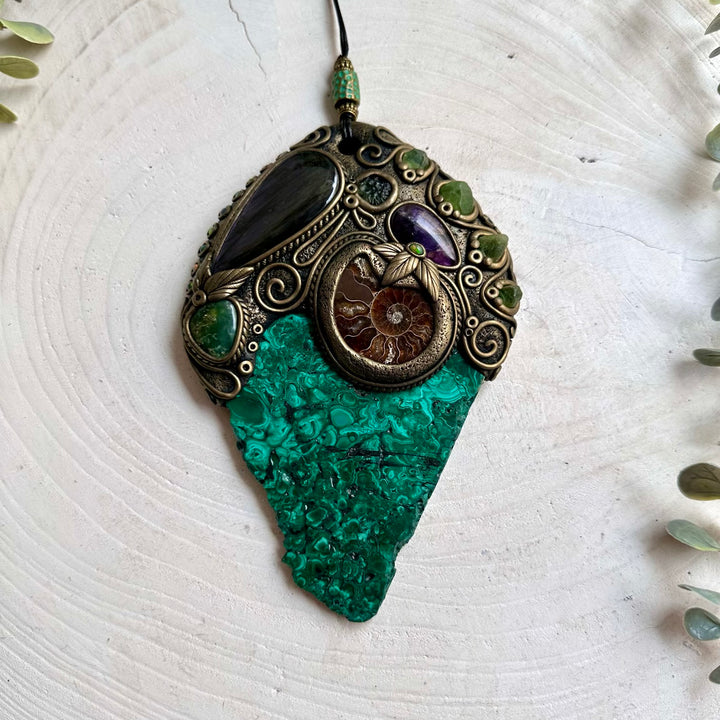 Artisan spiritual wall hanging combining Malachite with Labradorite, Ammonite and rare natural crystal accents.
