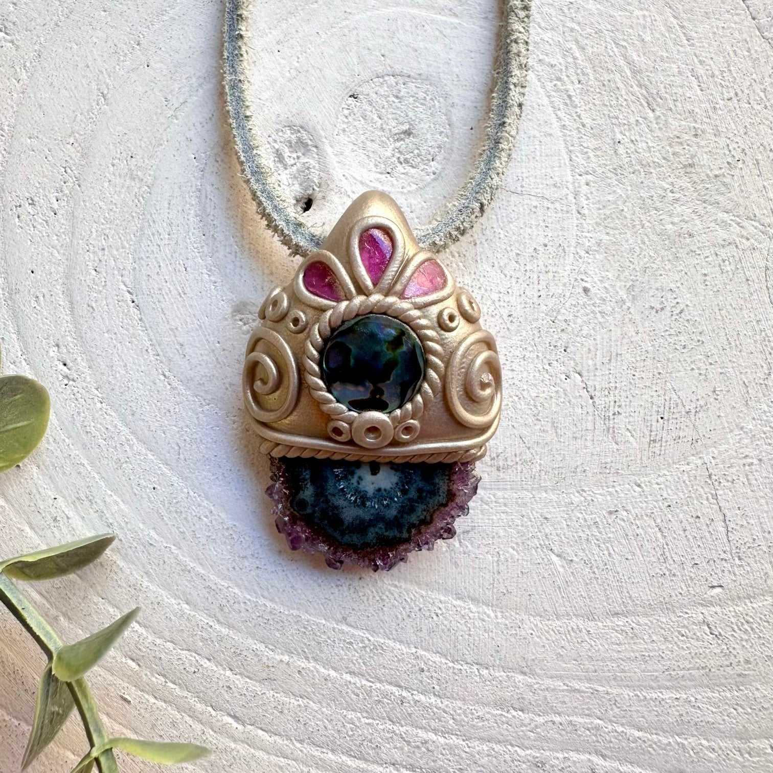 Amethyst Stalactite with Abalone Seashell and Pink Tourmaline healing crystal jewelry
