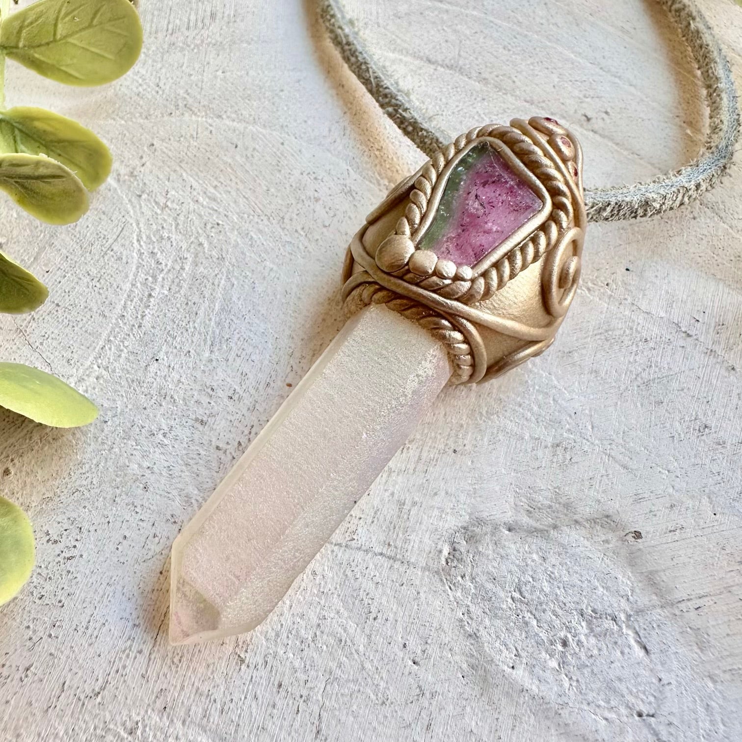 Handmade gemstone necklace watermelon tourmaline and ruby spiritual jewelry