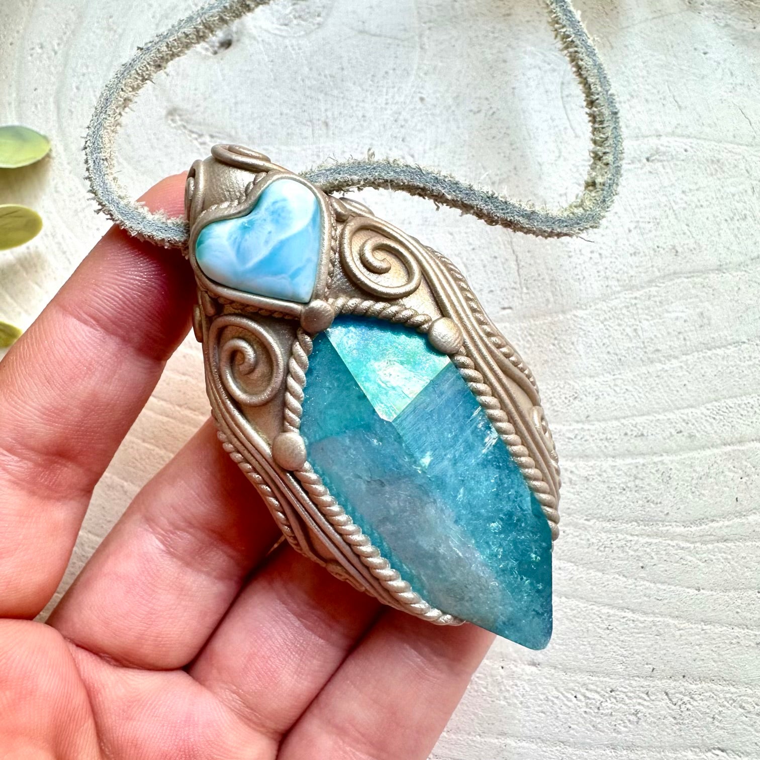 Metaphysical boho jewelry aqua aura quartz larimar heart necklace