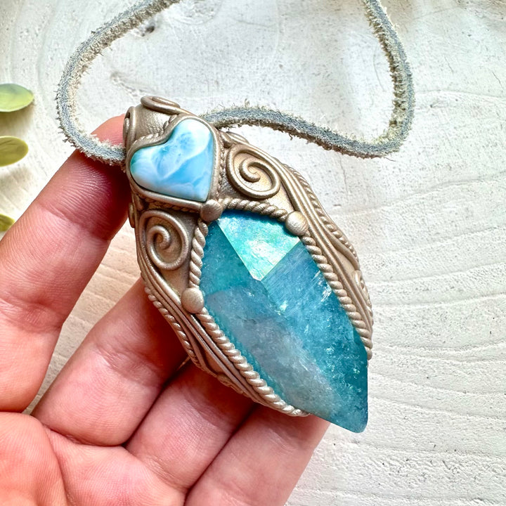 Metaphysical boho jewelry aqua aura quartz larimar heart necklace