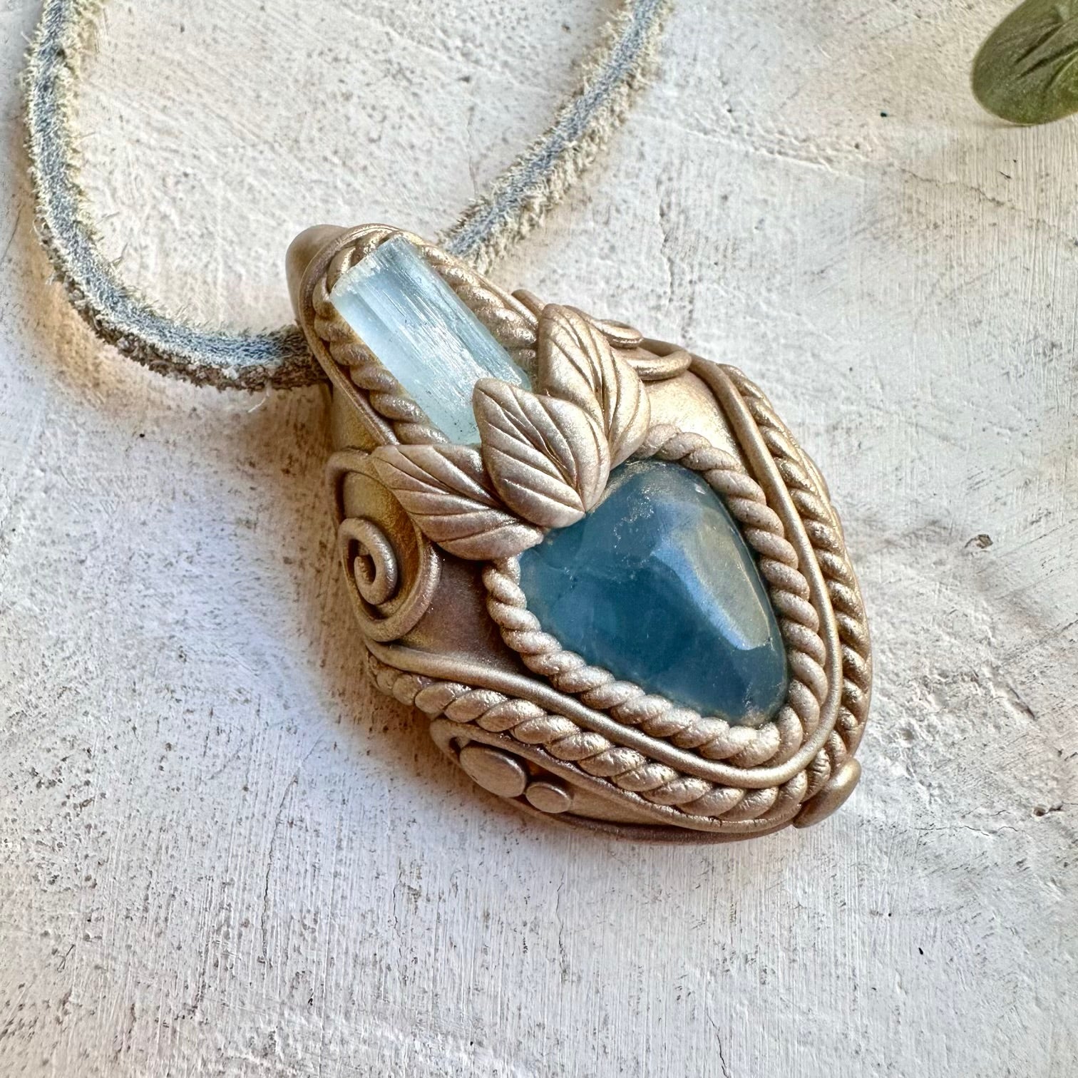 Protection amulet crystal necklace with celestite and aquamarine gemstones