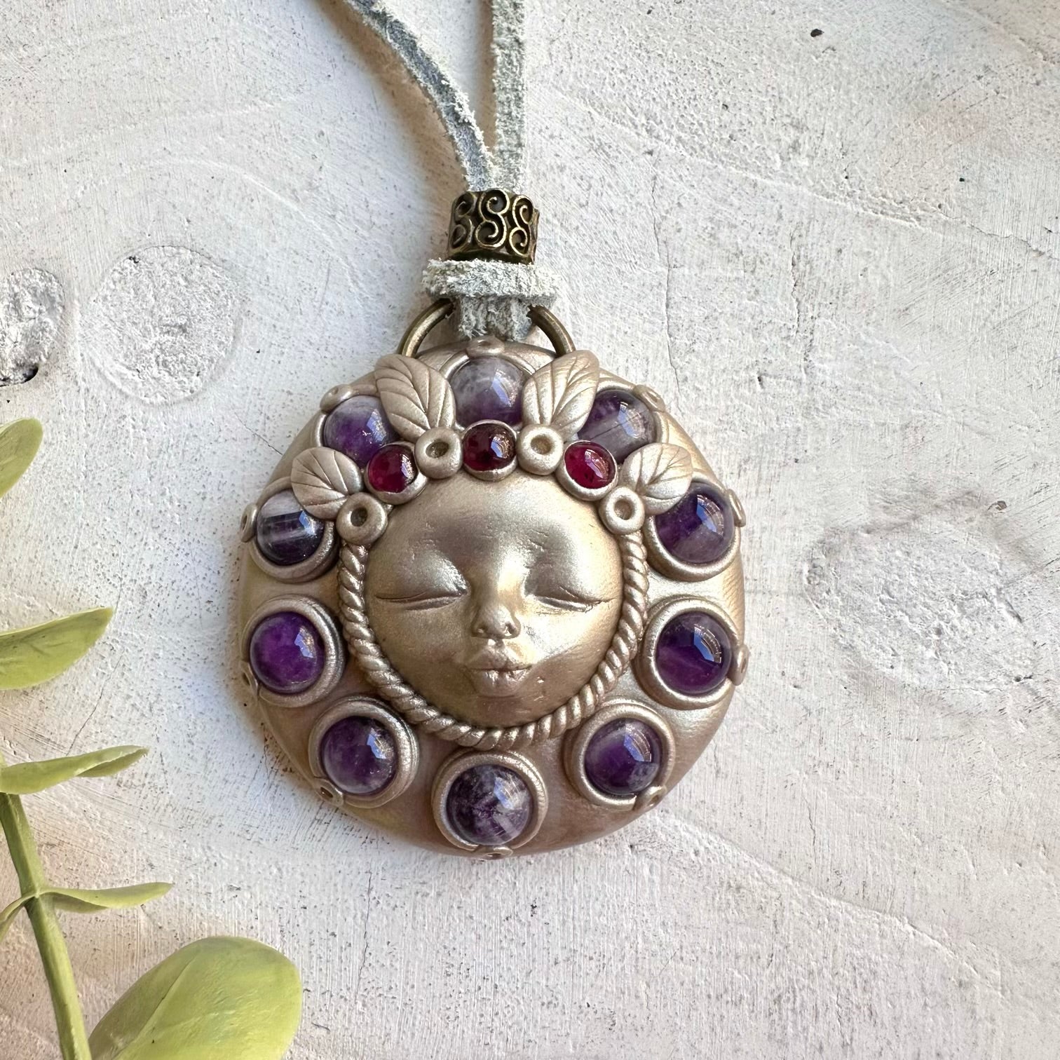 Crystal talisman necklace with amethyst and rhodolite garnet healing stones