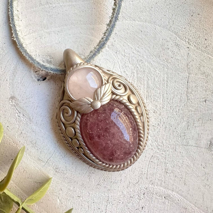 Raw gemstone necklace strawberry quartz rose quartz healing jewelry