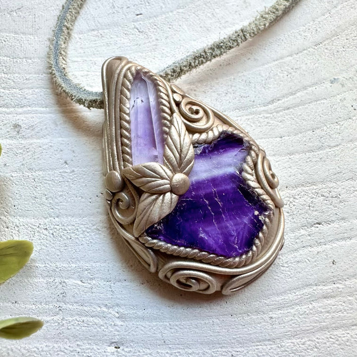 Healing crystal necklace fantasy jewelry fluorite and amethyst pendant