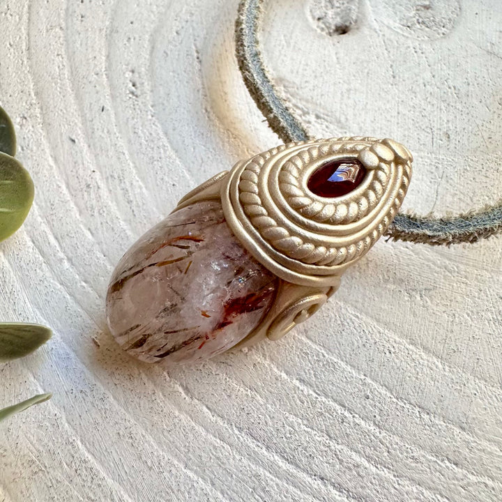 Protection amulet crystal necklace with hematite quartz and rhodolite garnet