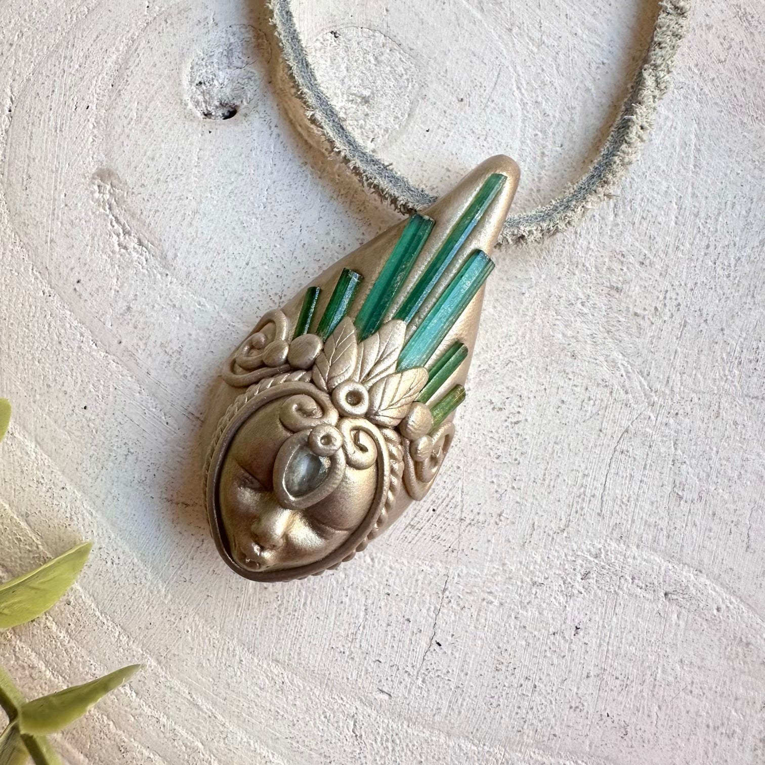 Green Tourmaline and Blue Topaz goddess necklace handmade and one of a kind