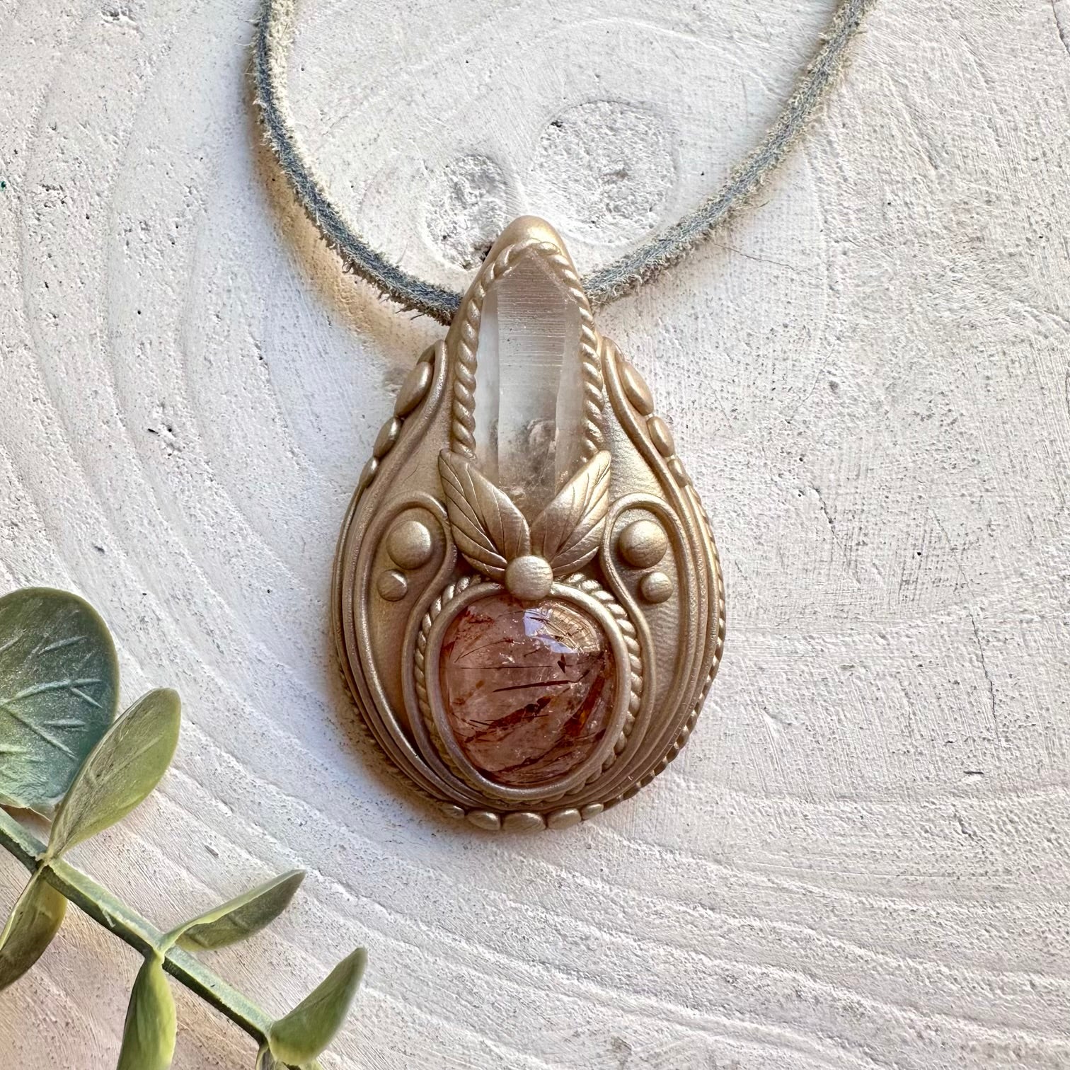 Crystal talisman necklace with Lemurian Seed Quartz and Hematite Quartz healing stones