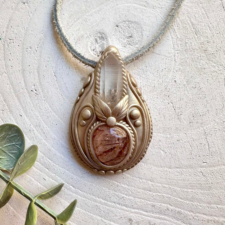 Crystal talisman necklace with Lemurian Seed Quartz and Hematite Quartz healing stones