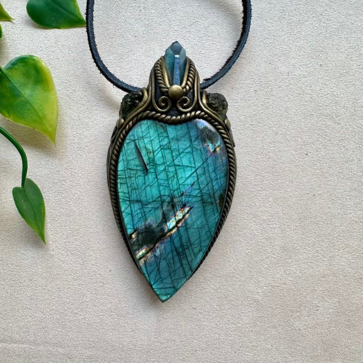 Labradorite Aqua Aura Quartz and Moldavite Crystal Necklace, One of a kind Gemstone Jewelry - FairyGardenGlow