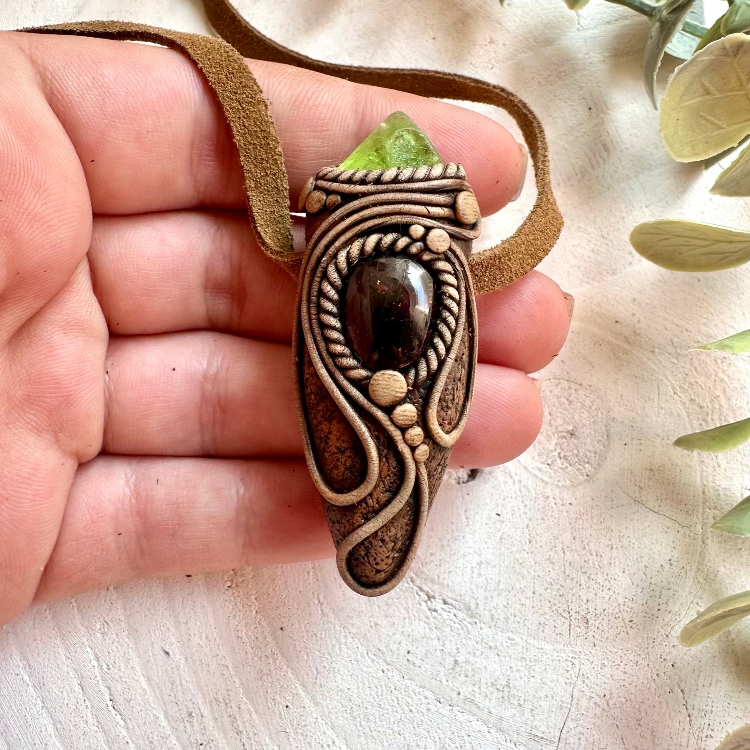 Metaphysical boho jewelry red garnet and peridot pendant necklace