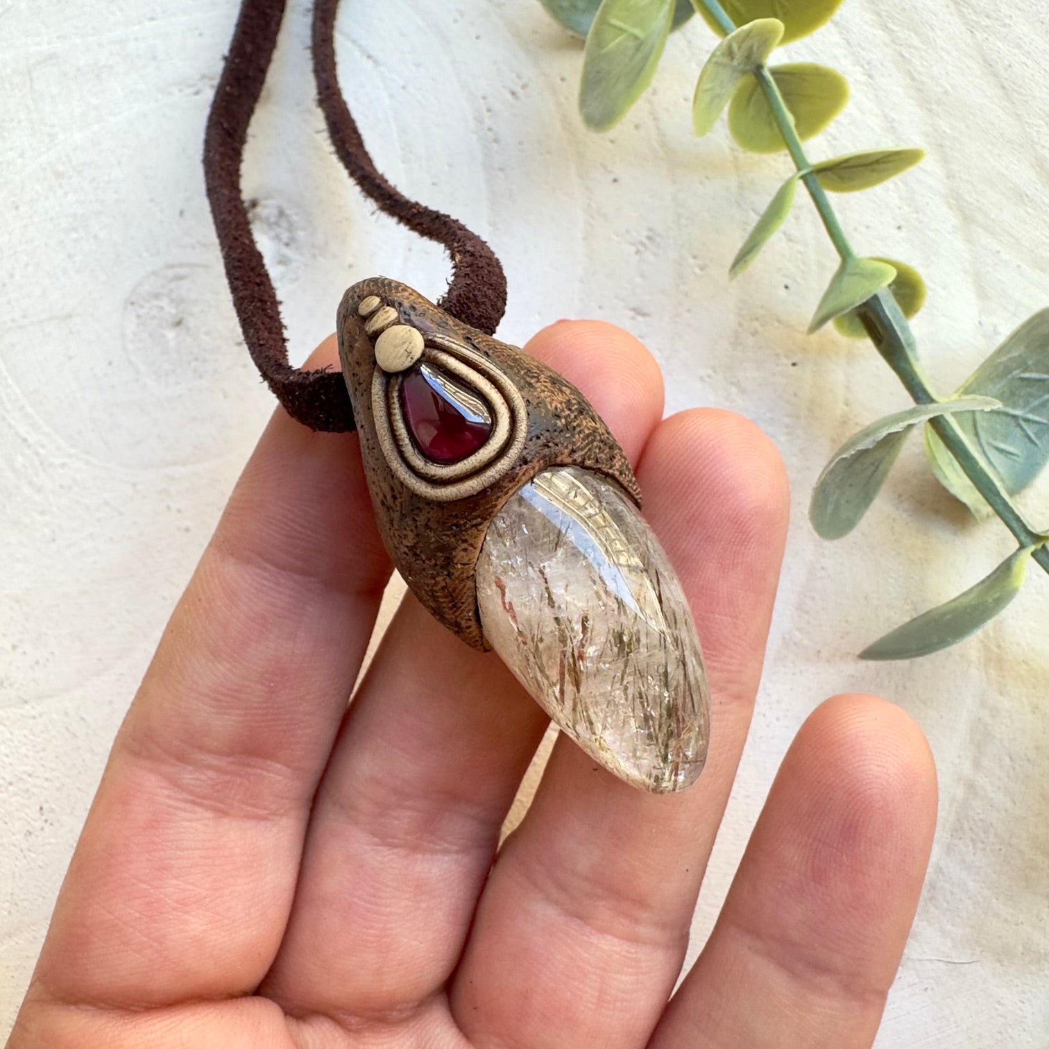Protection crystal necklace with hematite in quartz and garnet