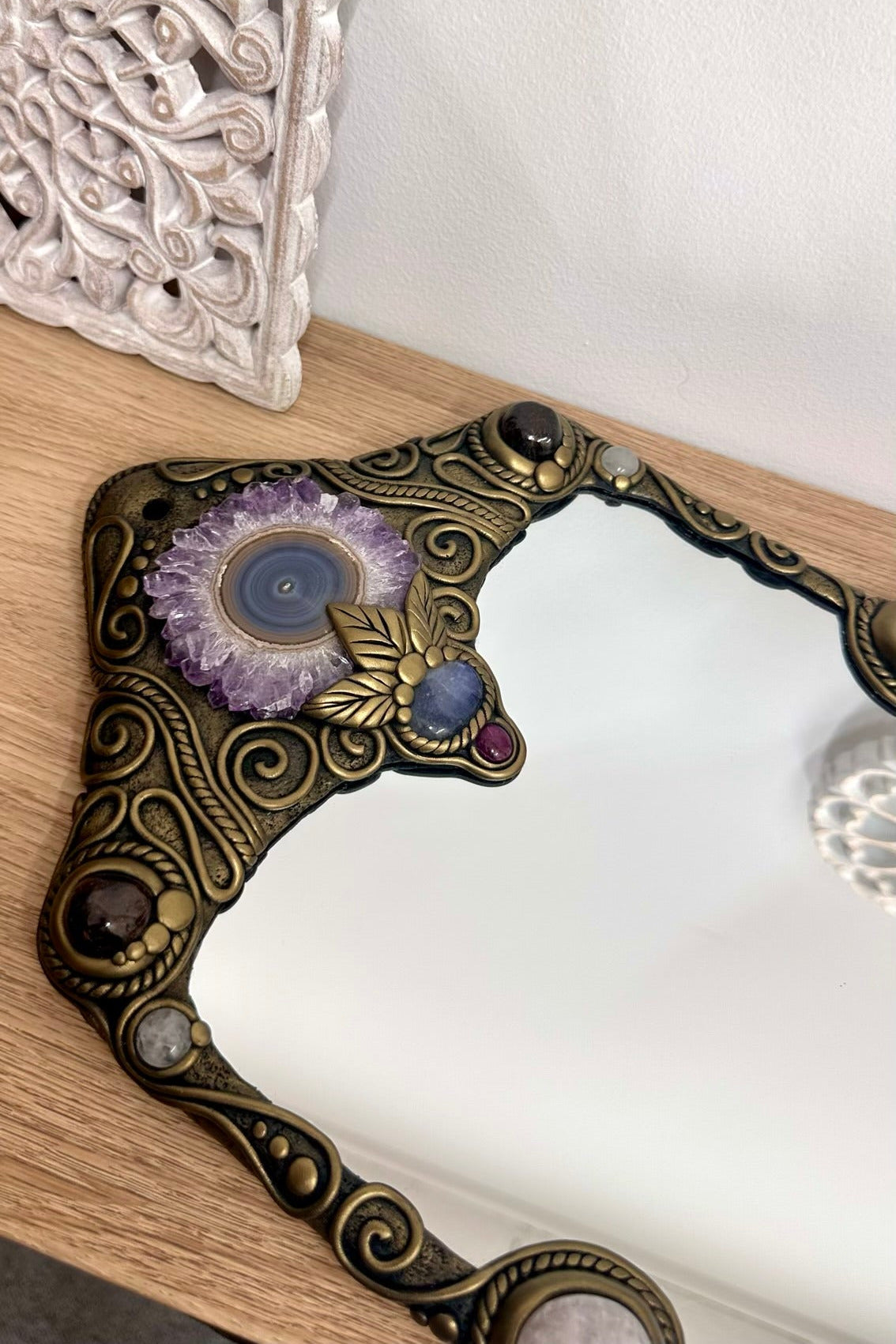 Handmade spiritual crystal mirror for altar decor, meditation room, sacred space or bohemian home decor.