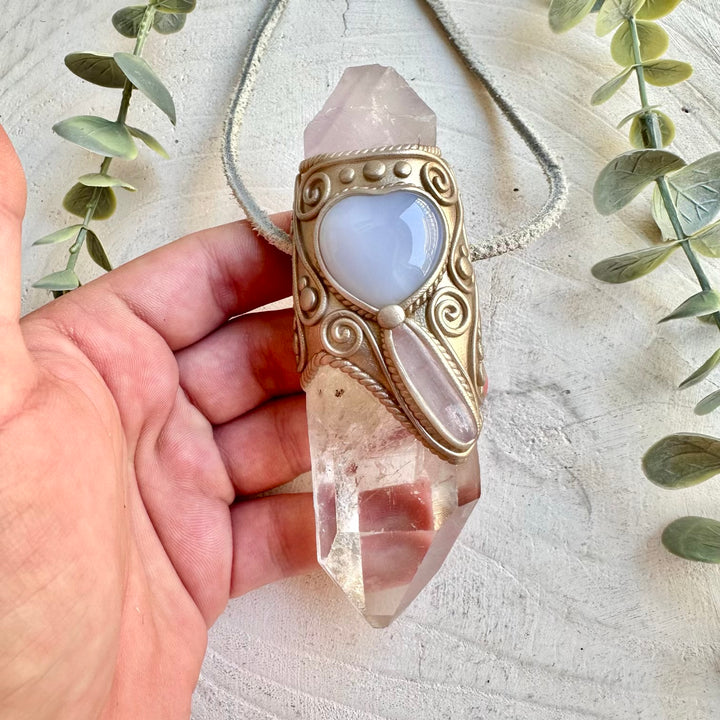 High vibration crystal wand with clear quartz and kunzite gemstones