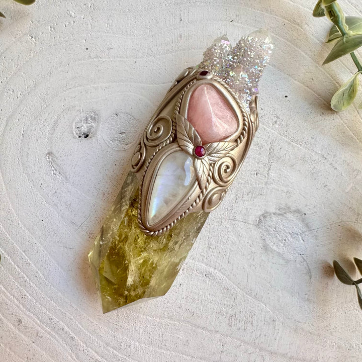Crystal talisman wand with angel aura quartz morganite and rhodolite garnet