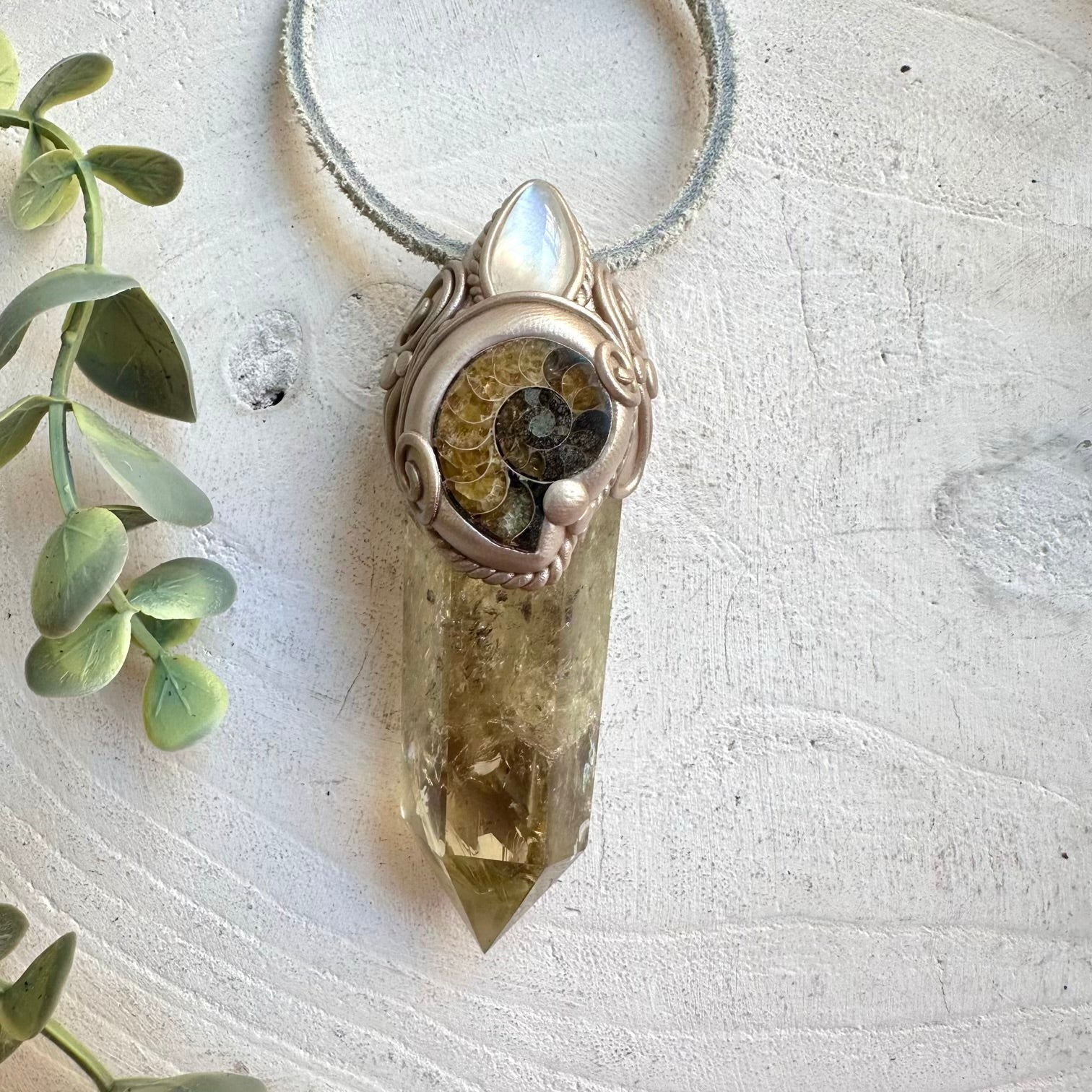 Crystal wand necklace with citrine ammonite and rainbow moonstone healing stones