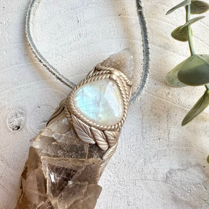 Spiritual crystal wand necklace with fluorite cluster for meditation focus and spiritual practices