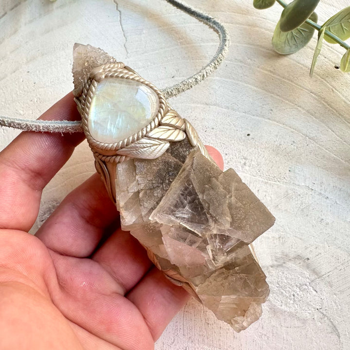 Metaphysical jewelry phantom fluorite spirit quartz moonstone pendant