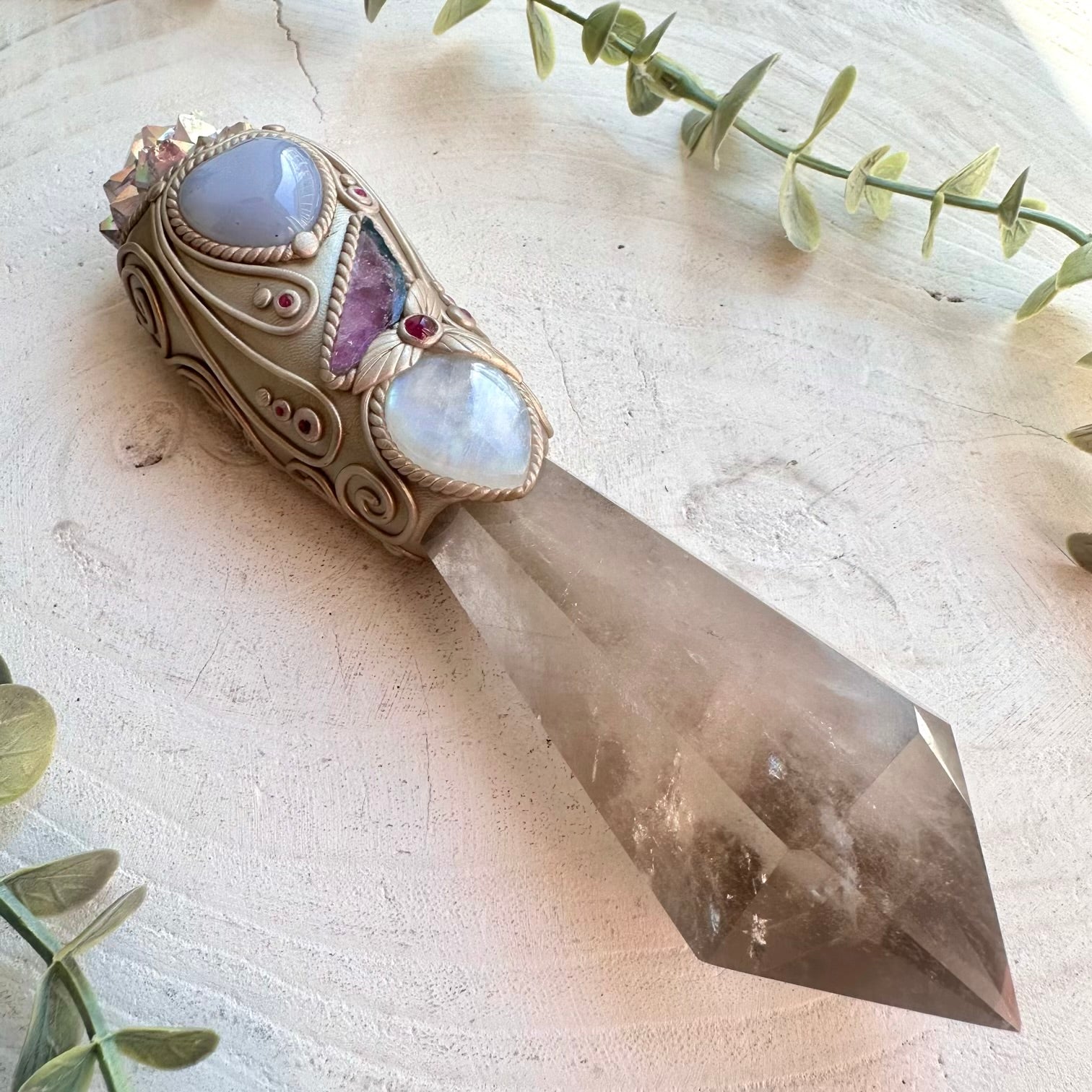 Protection amulet crystal wand with smoky quartz and angel aura spirit quartz gemstones