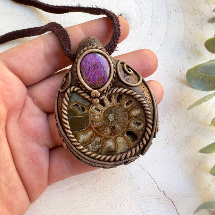 Natural protection talisman necklace with fossil and crystal