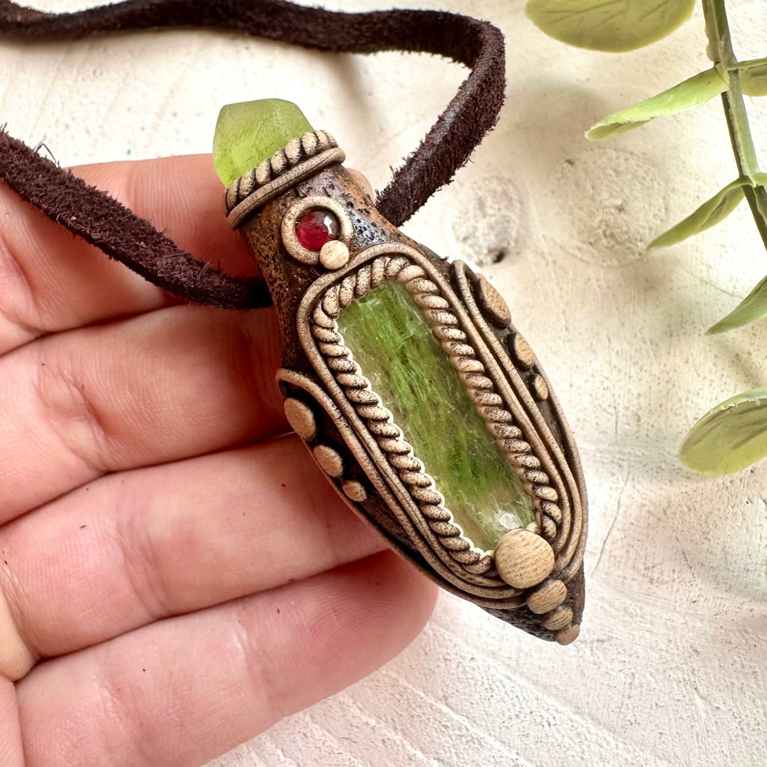 Fantasy jewelry pendant with Green Kyanite and natural gemstones