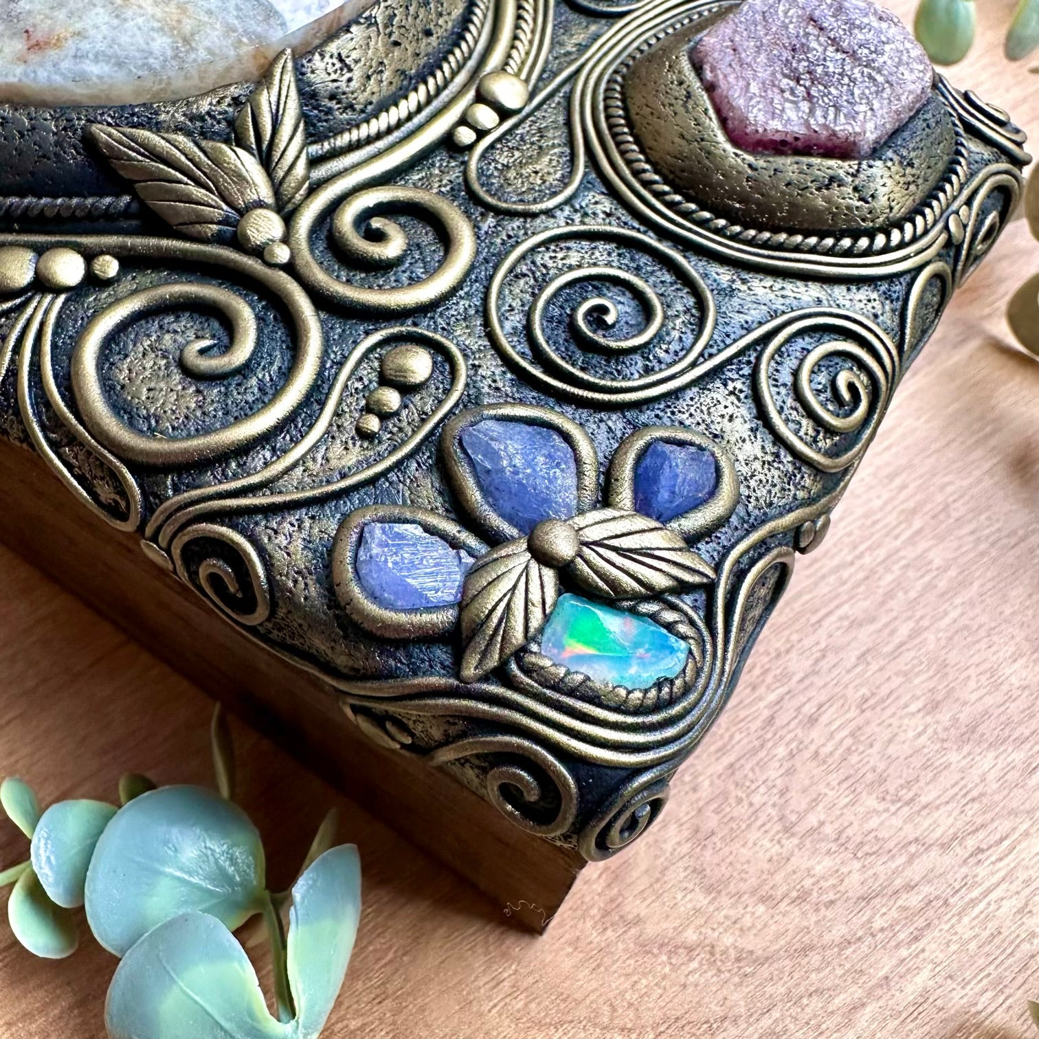 One of a kind handmade box decorated with natural crystals and precious gemstones