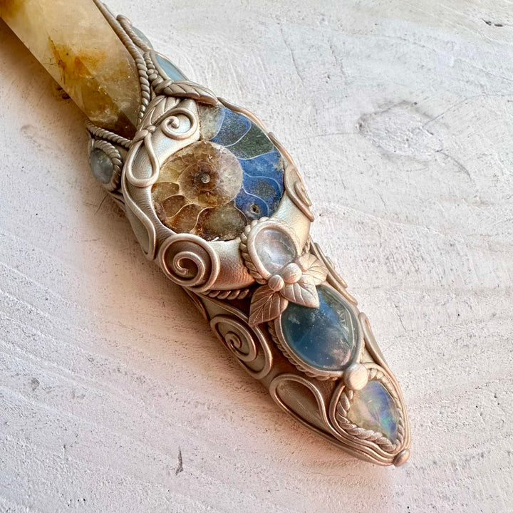 Metaphysical healing wand with Celestite Blue Topaz and Aquamarine gemstones