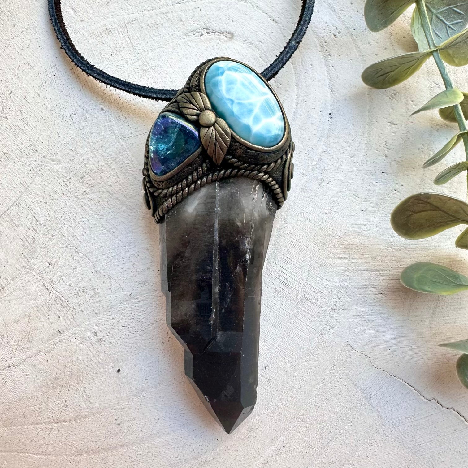 Handmade calming crystal necklace with aqua aura quartz for energy work