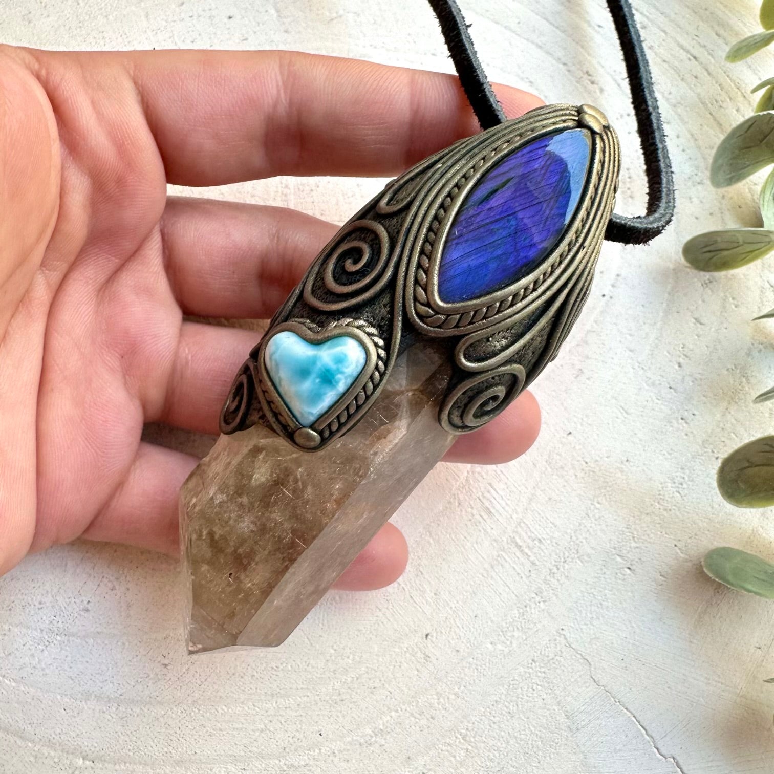 Handmade intuitive crystal necklace with larimar and labradorite
