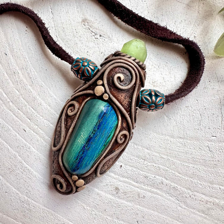 Spiritual crystal necklace featuring Malachite, Azurite and Peridot for transformation and balance