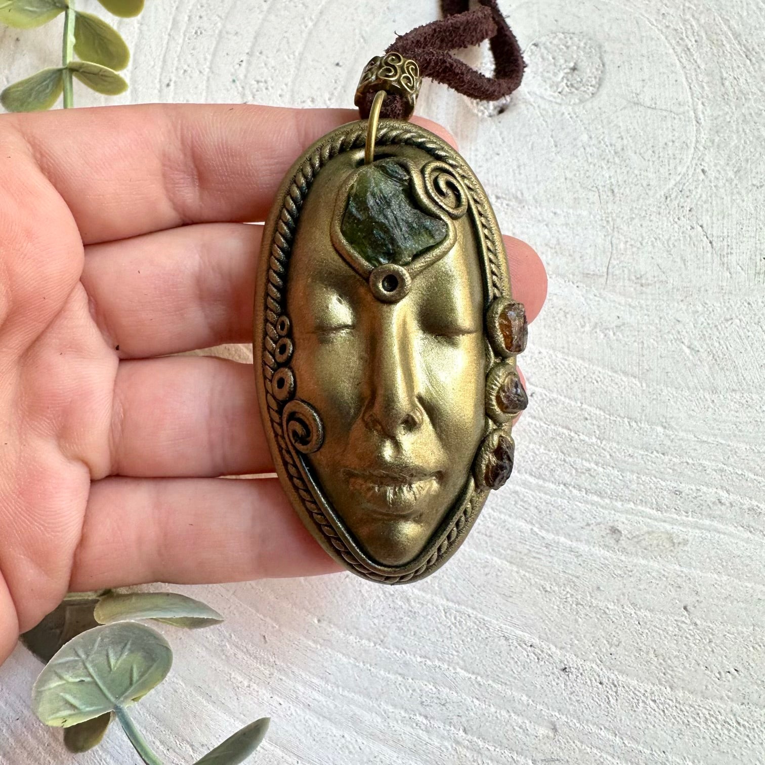 One of a kind Goddess pendant necklace with Moldavite and Hessonite Garnet.