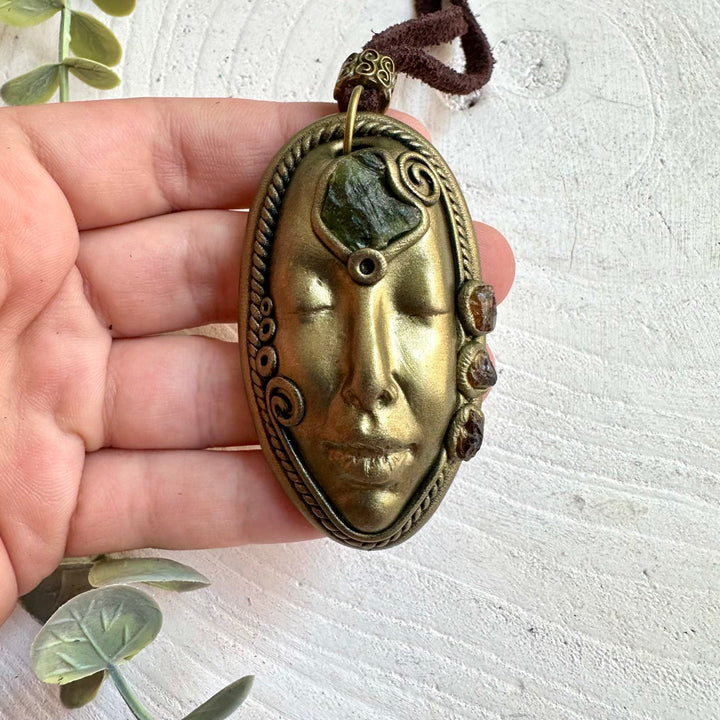 One of a kind Goddess pendant necklace with Moldavite and Hessonite Garnet.