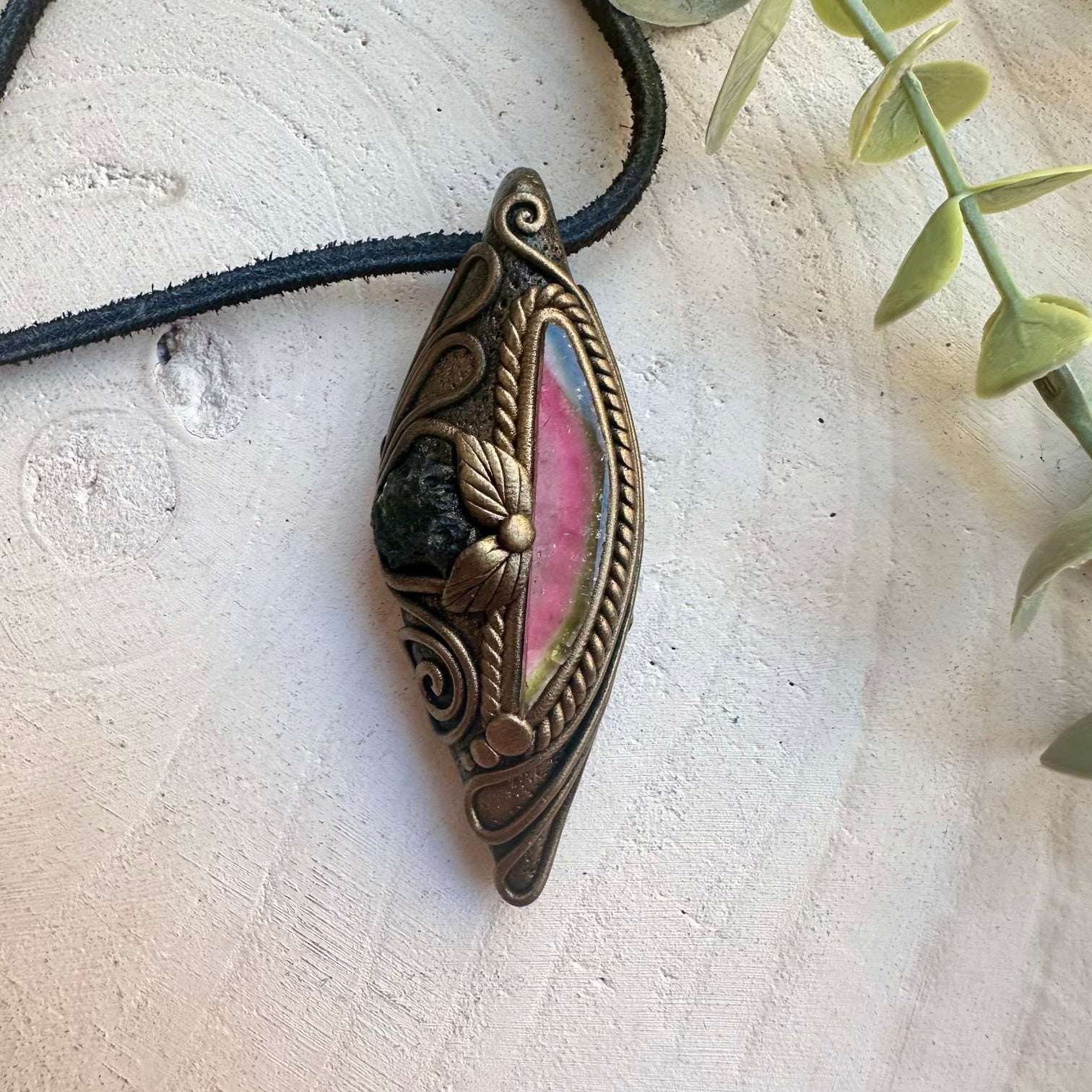 Handmade transformation crystal necklace with moldavite and tourmaline