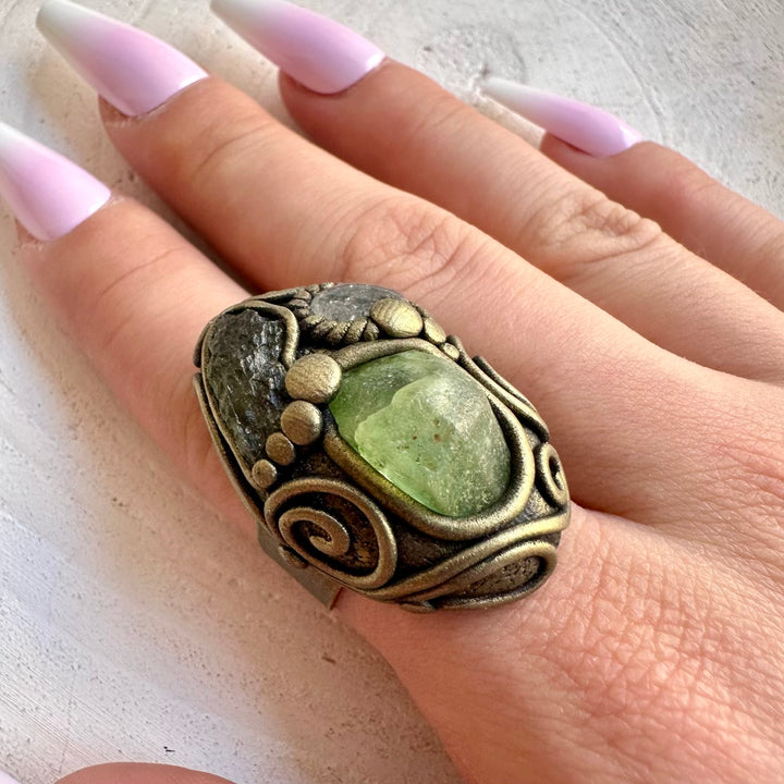 One of a kind adjustable ring with green Moldavite, bright Peridot and Clear Topaz.
