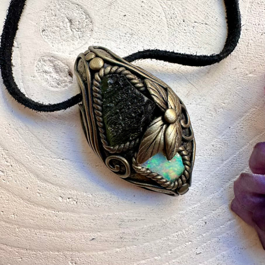 Spiritual talisman necklace featuring natural imperfect raw Moldavite and genuine Ethiopian Opal fire flash pendant.