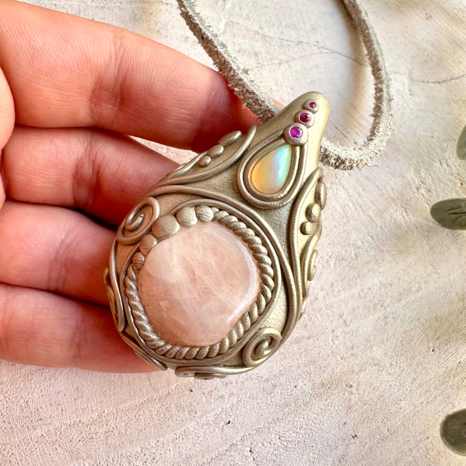 One of a kind gemstone necklace with soft pink Morganite, colorful Ethiopian Opal and vibrant Ruby.