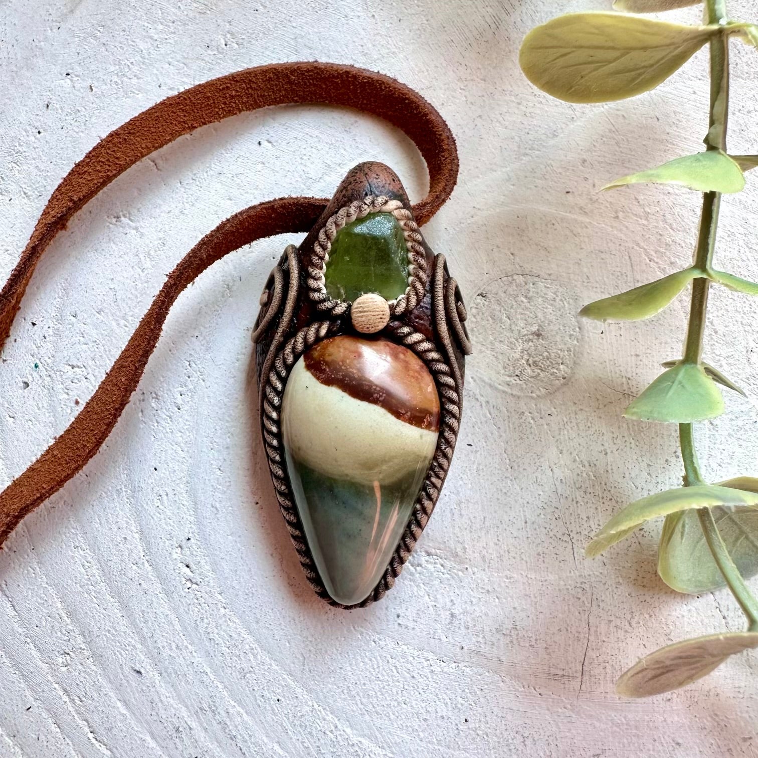 Natural gemstone crystal necklace with Polychrome Jasper and Peridot handmade