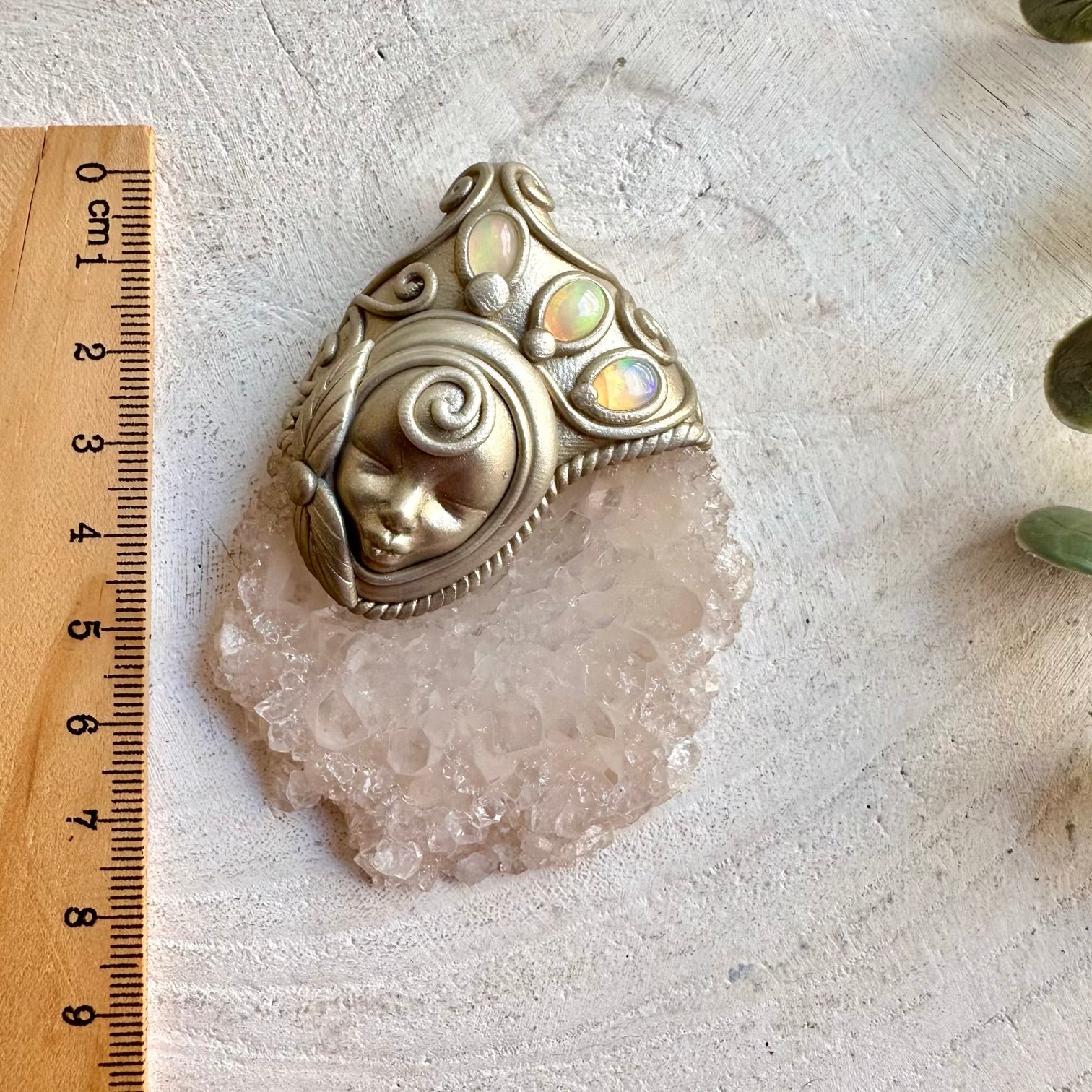 Handmade Goddess necklace featuring a Quartz Stalactite Slice and Ethiopian Opal.