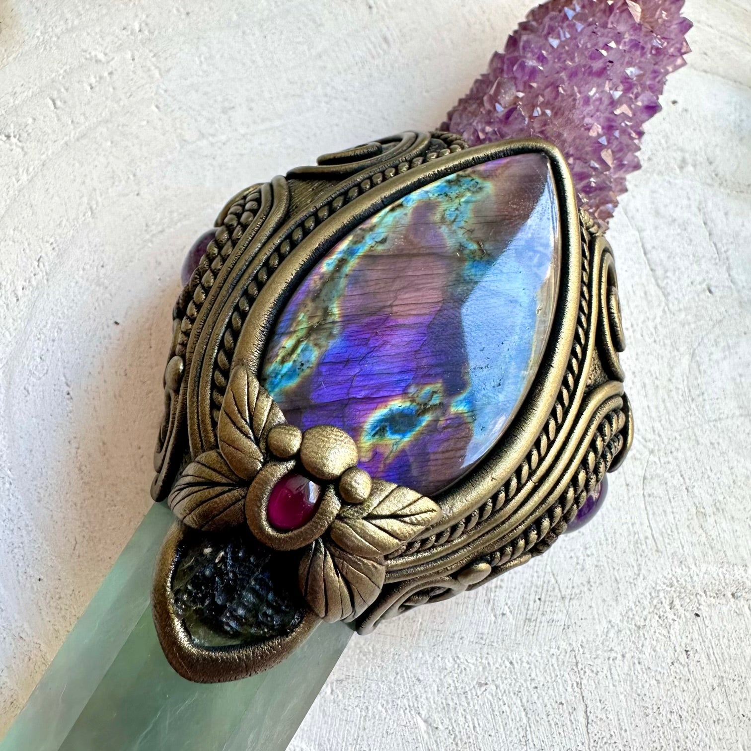 Handmade ritual wand combining Spirit Quartz, Labradorite and Moldavite for spiritual practice.