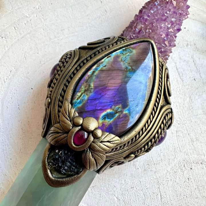 Handmade ritual wand combining Spirit Quartz, Labradorite and Moldavite for spiritual practice.
