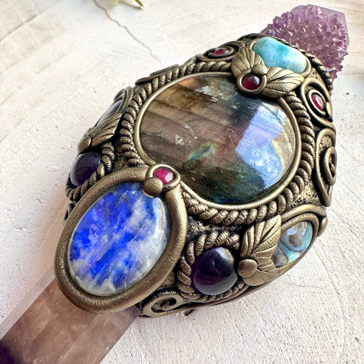 Spiritual healing crystal tool featuring Rainbow Fluorite with Moonstone, Amethyst and Abalone Seashell.