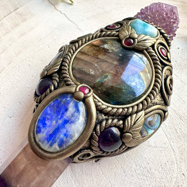 Spiritual healing crystal tool featuring Rainbow Fluorite with Moonstone, Amethyst and Abalone Seashell.