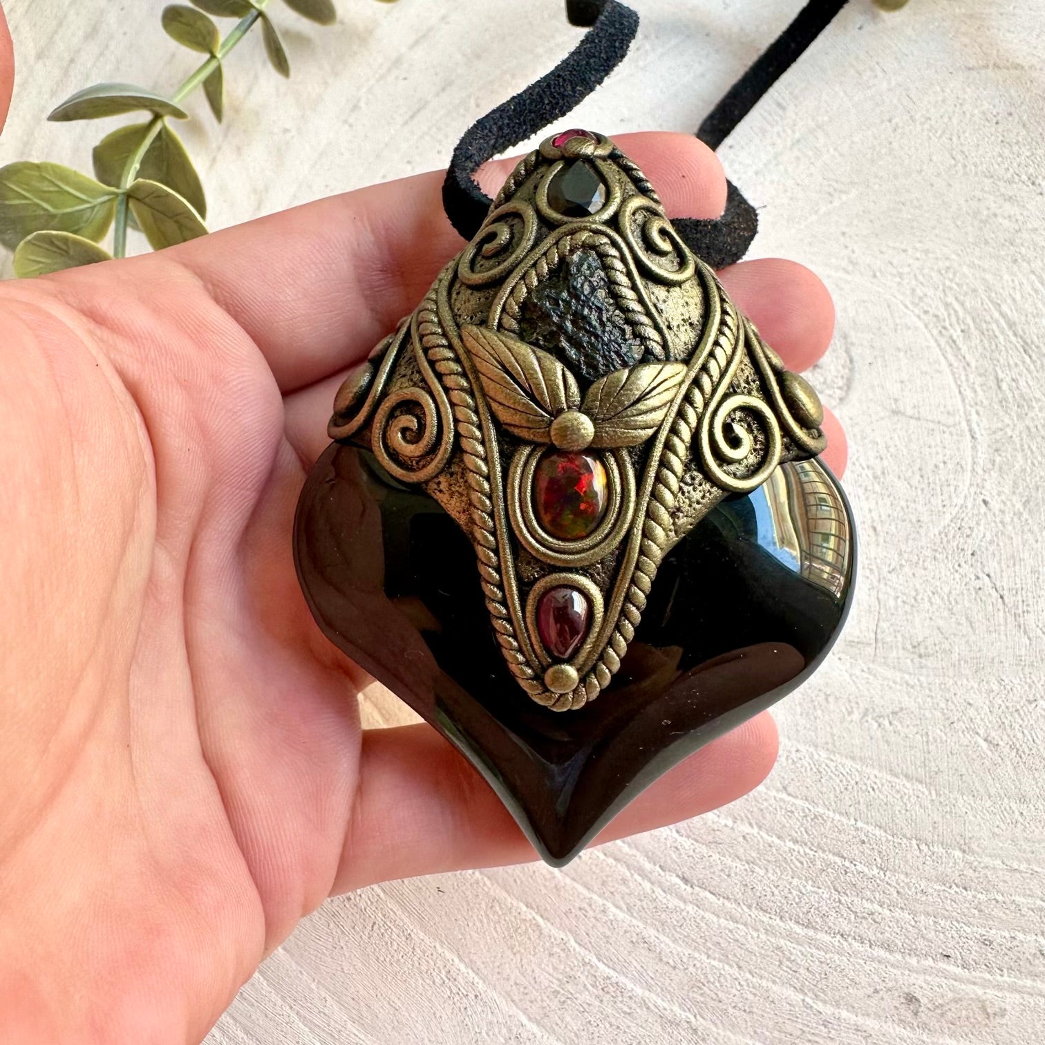 Handmade gemstone necklace with Rainbow Obsidian, Smoky Quartz and deep red Rhodolite Garnet.
