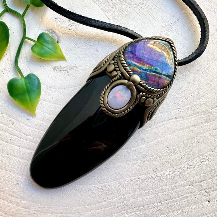 One-of-a-kind crystal talisman with Rainbow Obsidian and Labradorite
